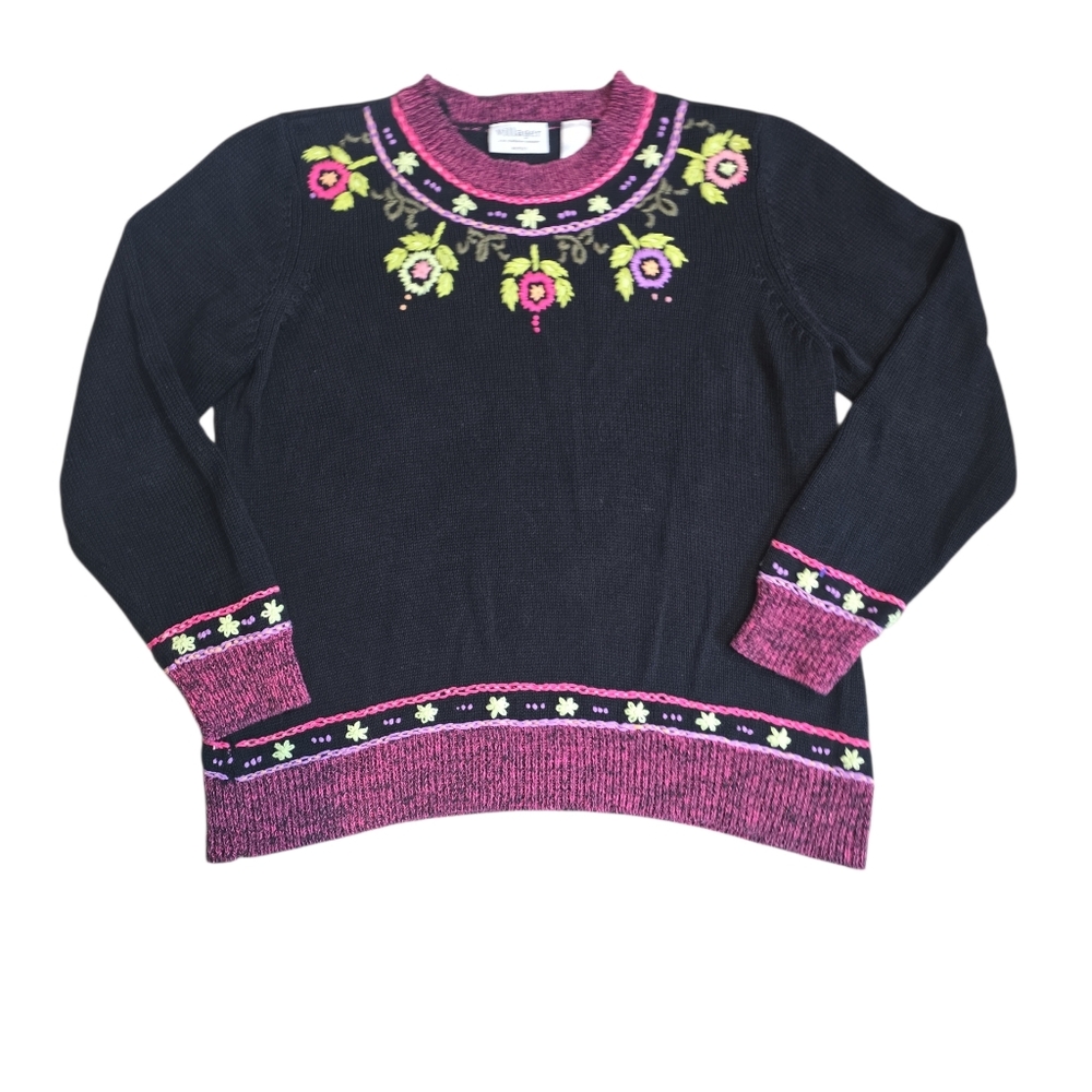 Vintage Grandma Core Floral Embroidered Knit Sweater Size 1X Ramie & Cotton‎